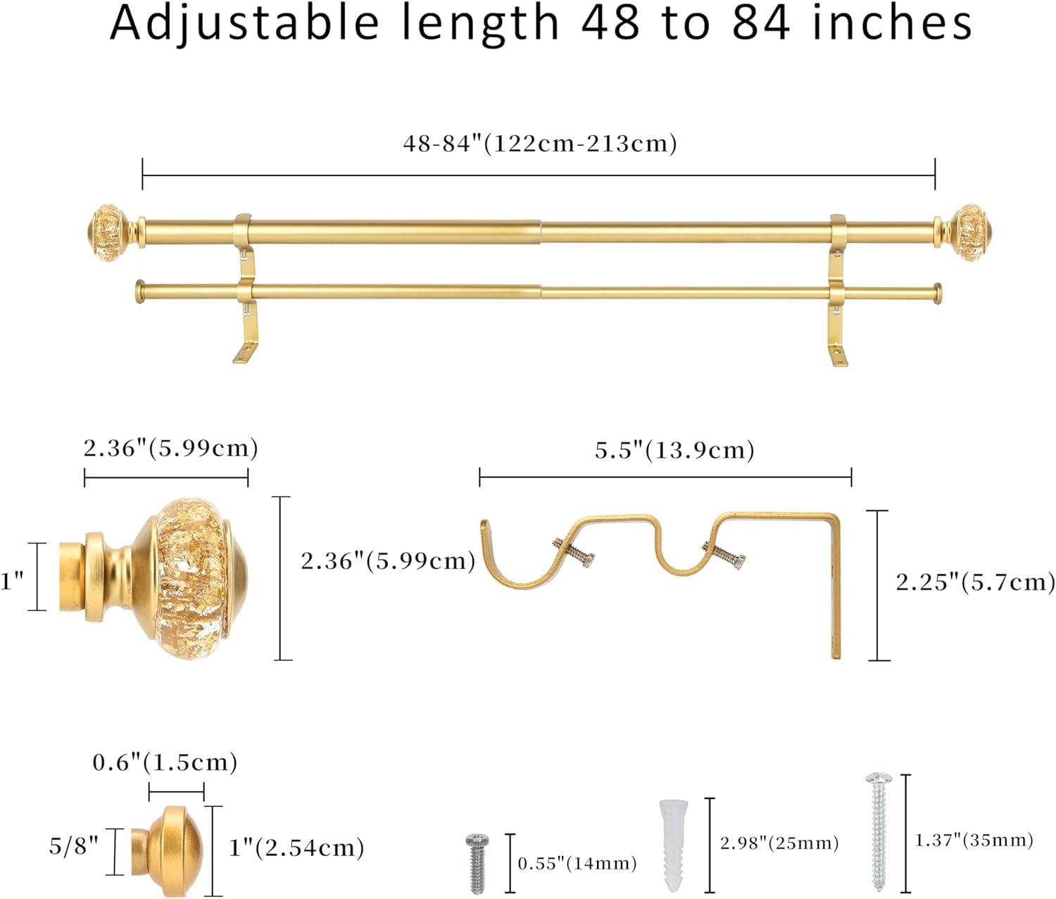 eTeckram 1" Double Curtain Rod with Leville Finials,Gold,48‘’-84‘’