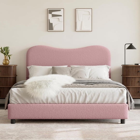Senfot bouclé queen - size marco de cama: forrado cabecero, soft low - profile, sturdy cama de plataforma con rounded corners, heavy - duty, de madera slats noise - free, no necesita colchón base