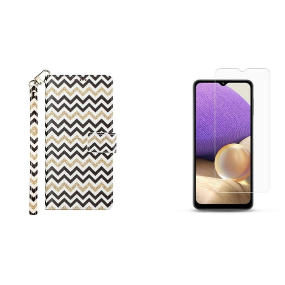 Bemz Clutch Pocket Series Wallet Case for Samsung Galaxy A42 5G with Tempered Glass Screen Protectors (2-Pack) and Key Tool - Black Gold Chevron