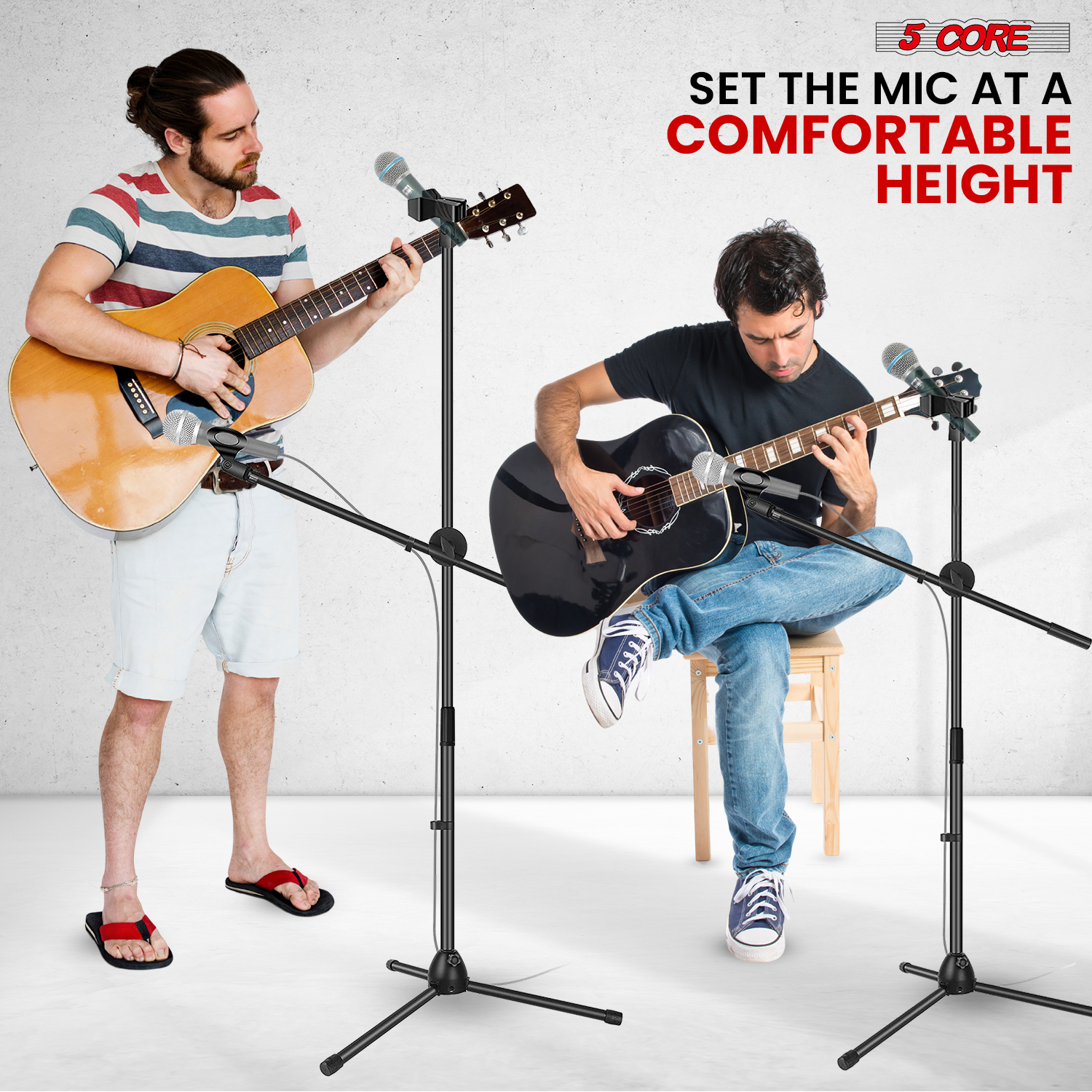 5 Core Microphone Stand Floor 2 Mic Clips Universal Height Adjustable Tripod Mic Stands w Boom Arm MS DBL 2 PCS
