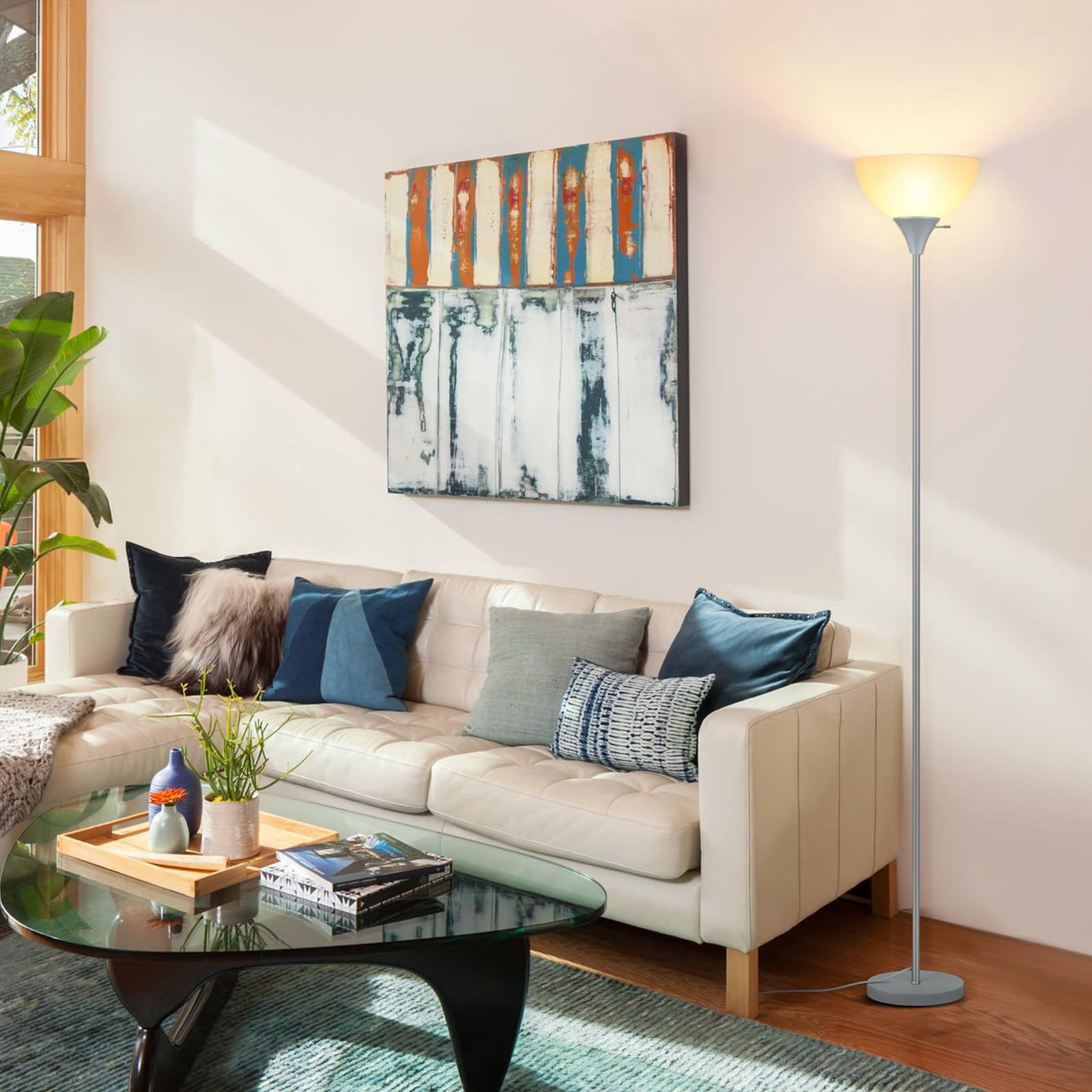 Silver Grey Floor Lamp with White Plastic Shade, Corner Light for Living Room Bedroom