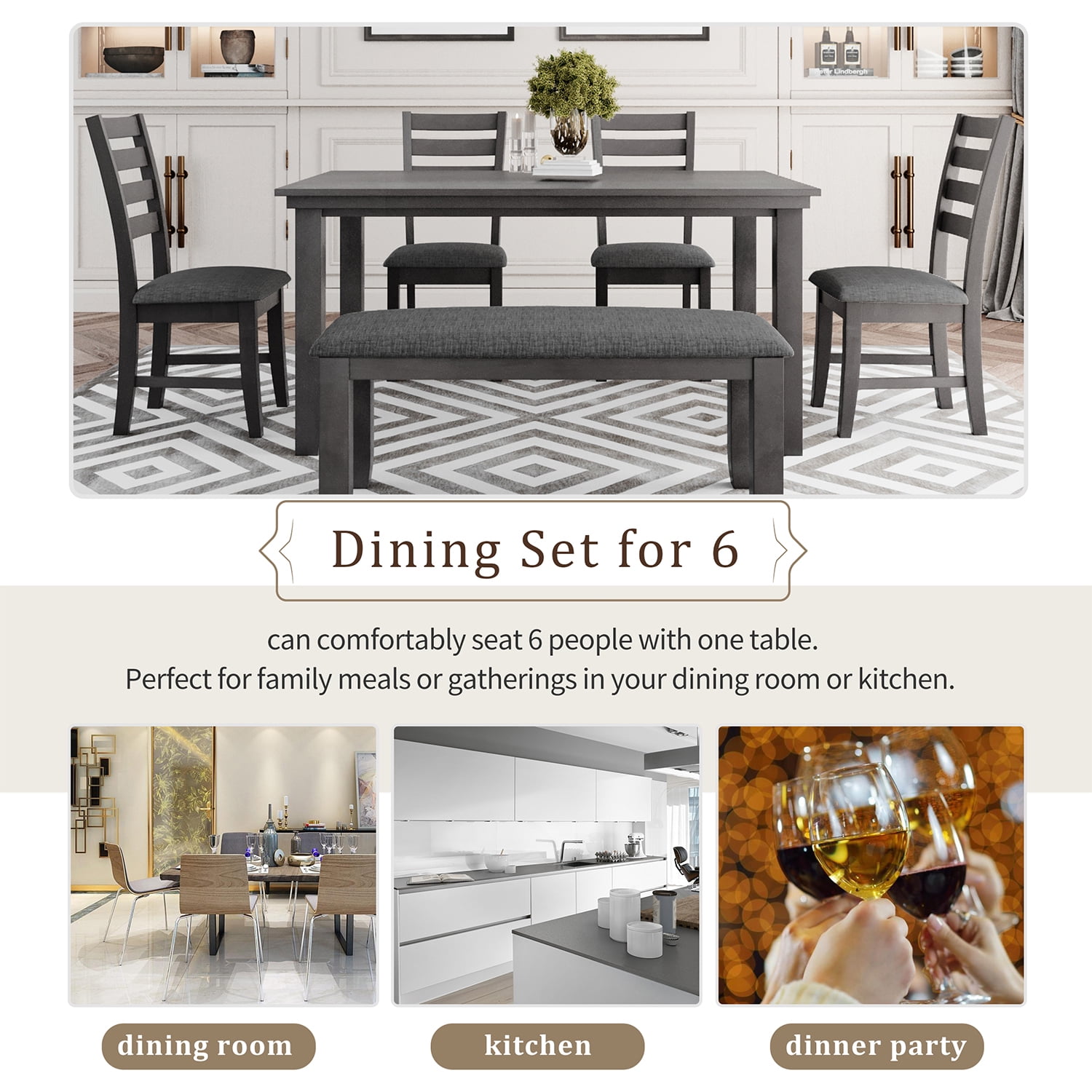 Kadyn Dining Room Set for 6, 6 Piece Dining Set with Table, Chairs and Bench, Kitchen Table Set for Dining Room, Gray Kadyn Dining Room Set for 6, 6 Piece Dining Set with Table, Chairs and Bench, Kitchen Table Set for Dining Room, Gray