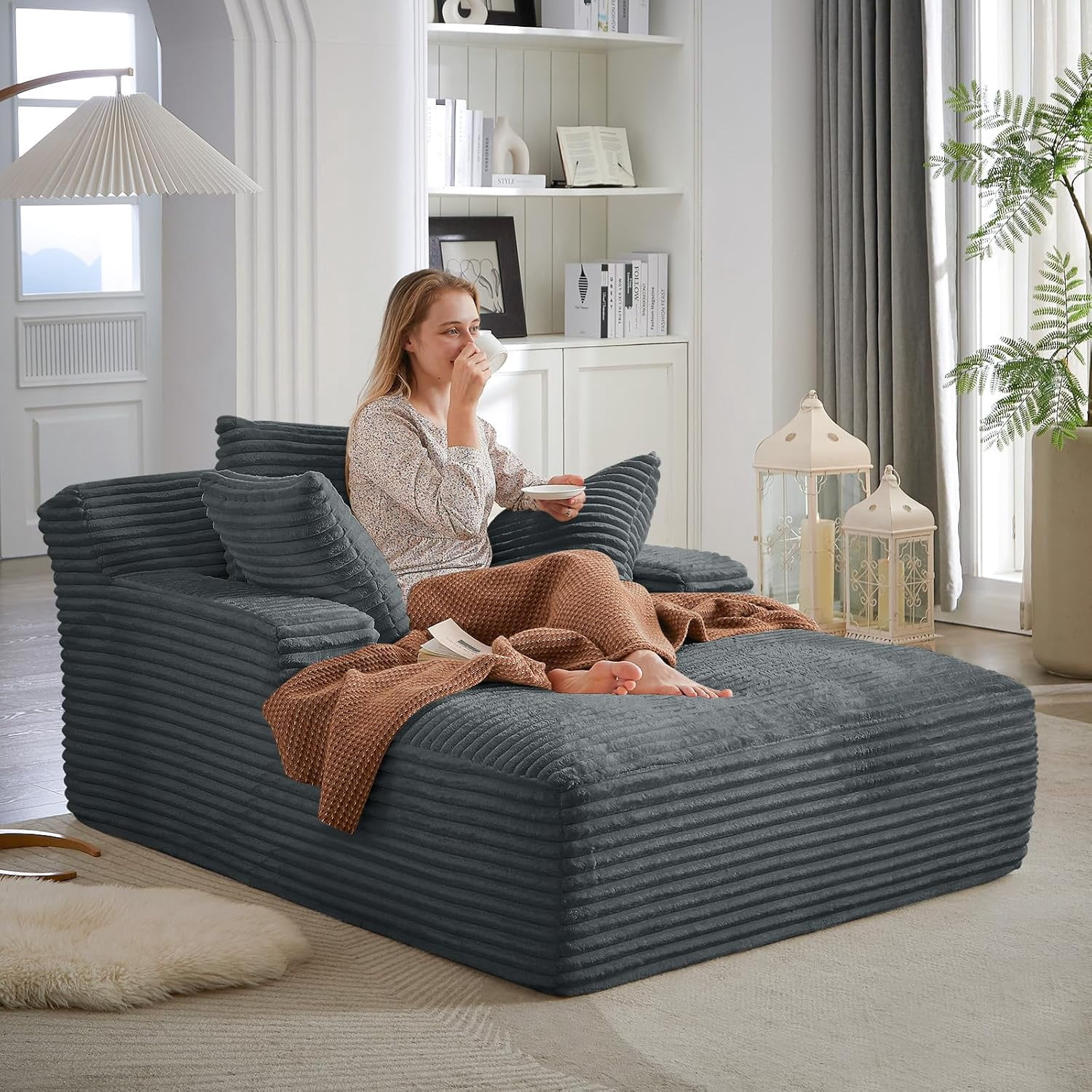 AENKYO 50" Chaise Lounge Sofa Bed with 3 Pillows, Convertible Sleeper Couch for Living Room, Bedroom & Small Spaces - Corduroy Upholstered Deep Seat Comfy Furniture - Dark Gray