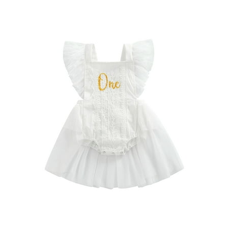 

Binpure Baby Girl’s Feather Fly Sleeve Romper Fashion Letter Mesh Yarn Skirt Back Tie-up Triangle Jumpsuits