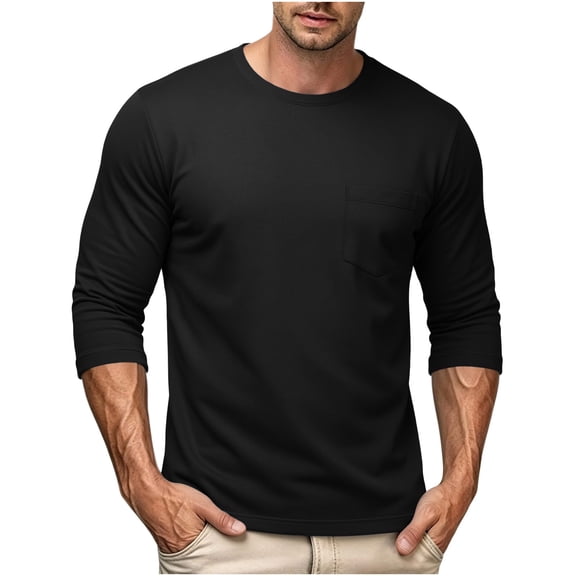QIYAGBSA 3/4 Sleeve Crew Neck T Shirts for Men with Chest Pocket Solid Color Stretch Casual Lightweight Fall Spring Everyday Tees