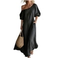 thumbnail image 5 of Karymi One Shoulder Maxi Dress, Casual Off Shoulder Puff Sleeve Solid Flowy Dress with Pockets, Summer Loose Beach Cover-Up Dress Dresses for Women, 5 of 8