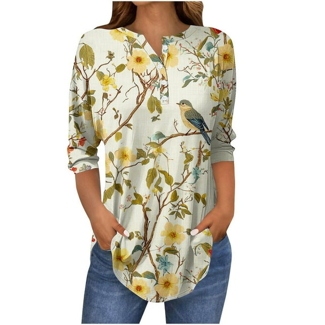 Blouse Imprimée pour Femmes, Manches 3/4 Col Rond avec Boutons devant, Confortable et Décontractée pour Usage Quotidien et Domestique