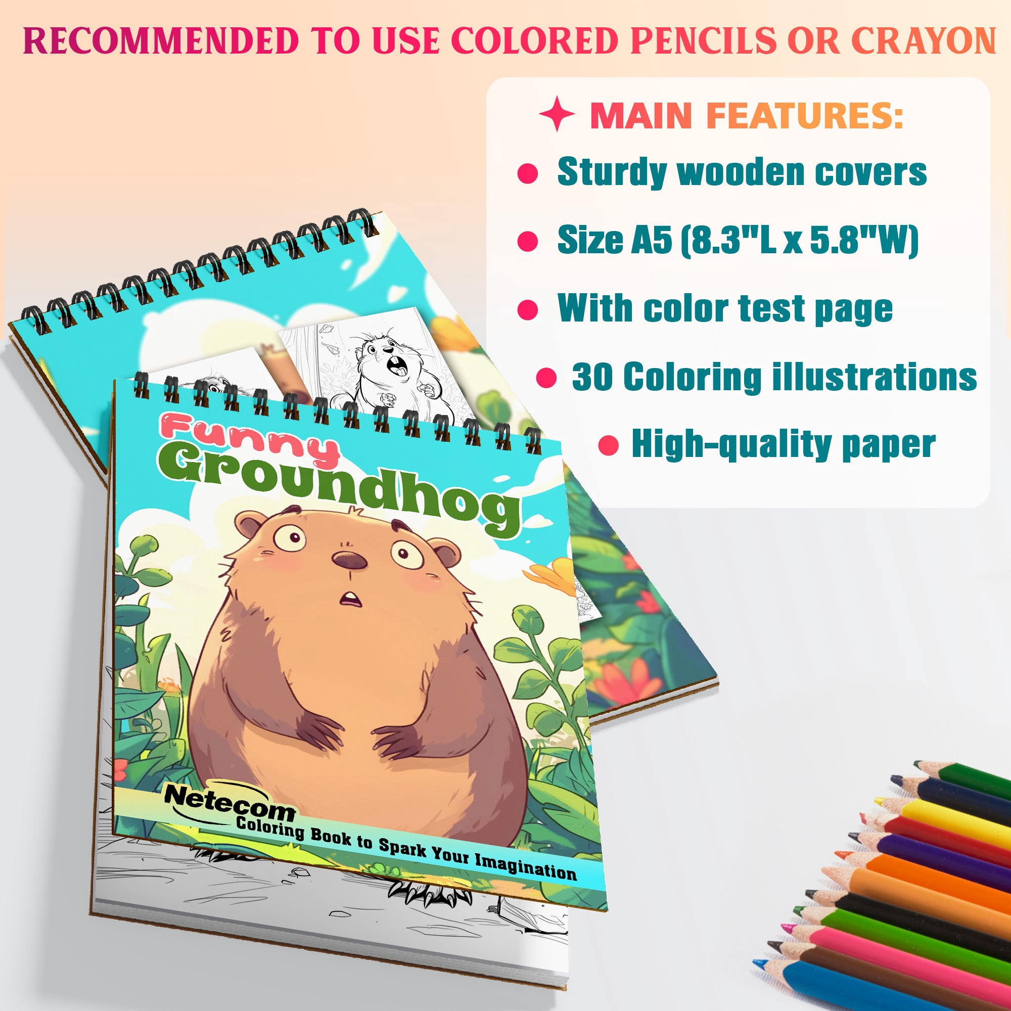 Netecom Funny Groundhog Coloring Book Spiral Bound for Adults, A5 Wooden Cover, Spiral Bound, 30 Cute Coloring Pages in Happy Groundhog Day for Stress Relief and Relaxation