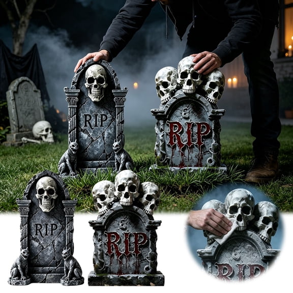2 Pack Halloween Skull Tombstone Yard Stakes 15.7 Inches, Outdoor Graveyard Decoration For Lawn And Garden, Spooky Party Decor For Halloween,Black - 40Cm