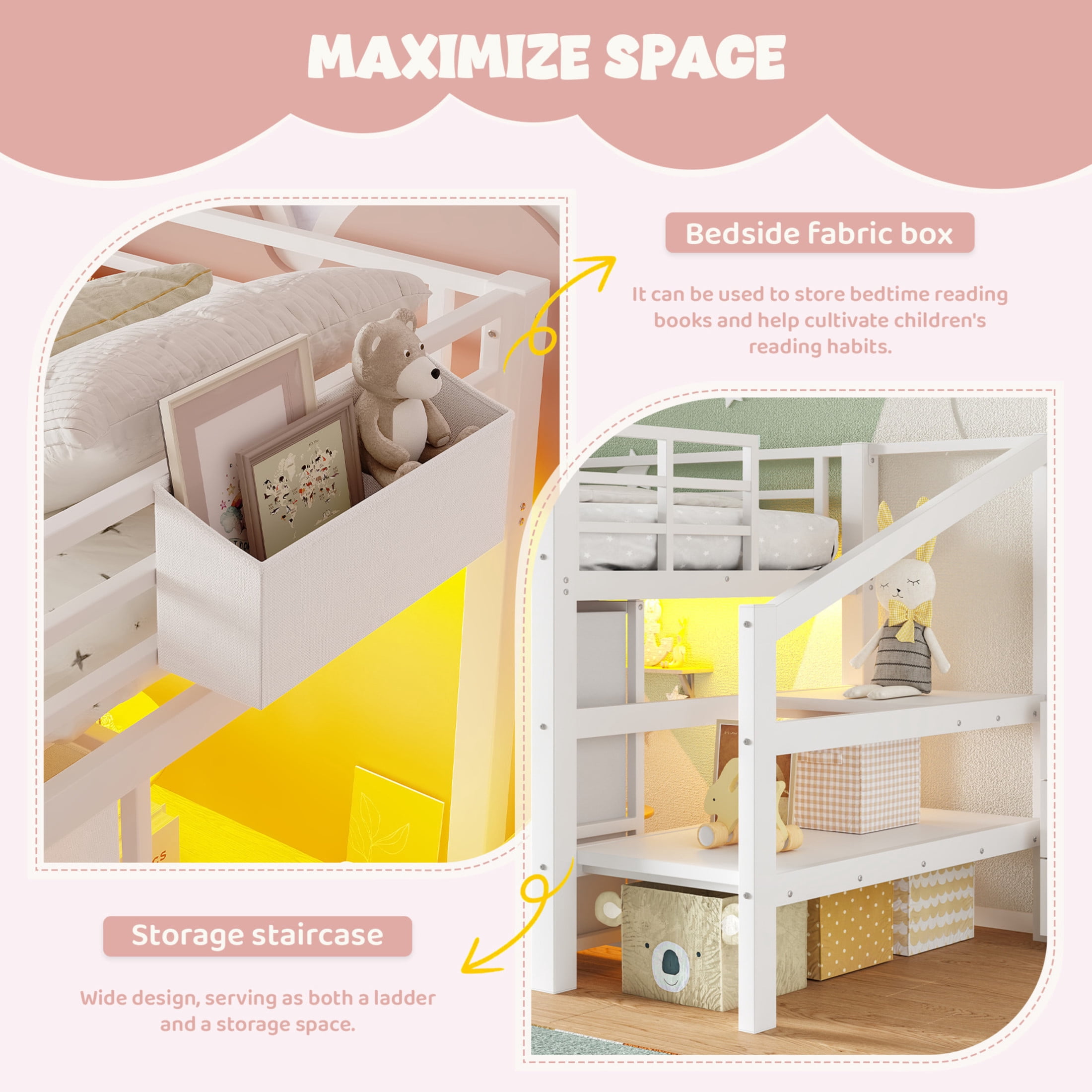 Noble House Twin Low Loft Bed with Built-In Lights, Drawers and Shelves, White