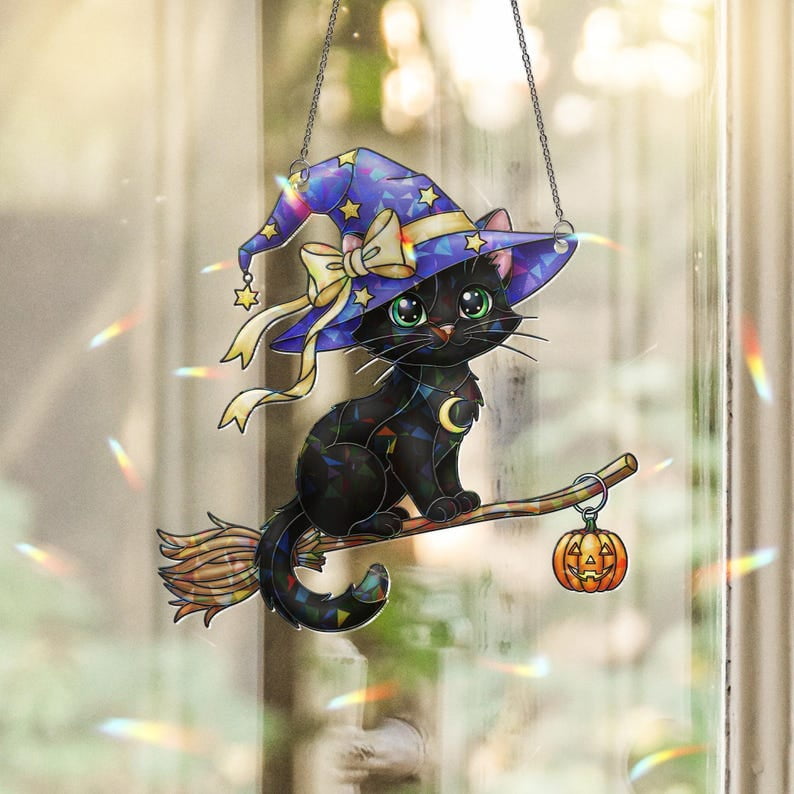ViciArt Hologram Black Cat Suncatcher – Halloween Witch, Broom & Pumpkin Window Decor, Acrylic Hanging Ornament