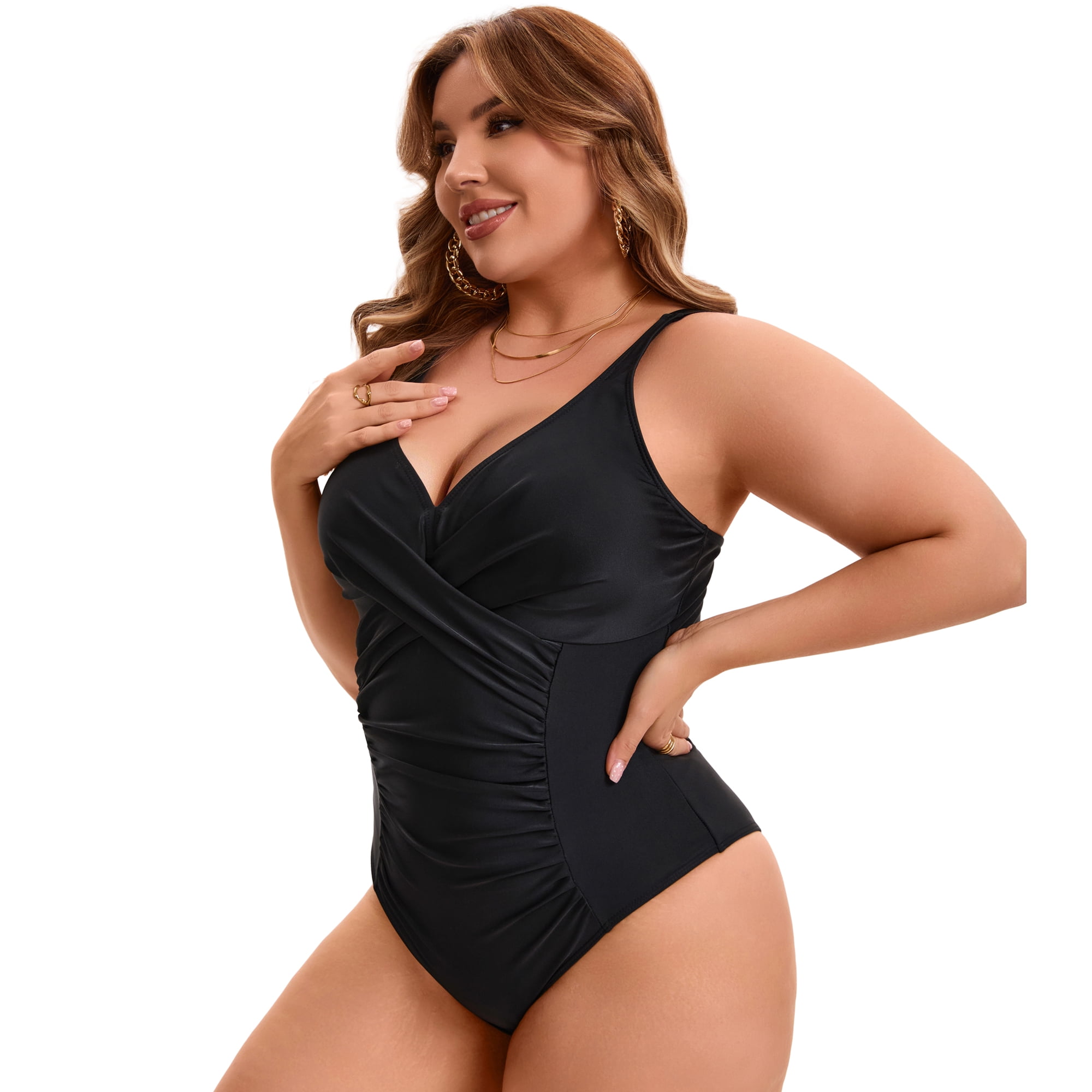 DARING DIVA Women's Plus 1 Pc Bathing Suit with Tummy Control and V-Neck 4X Black