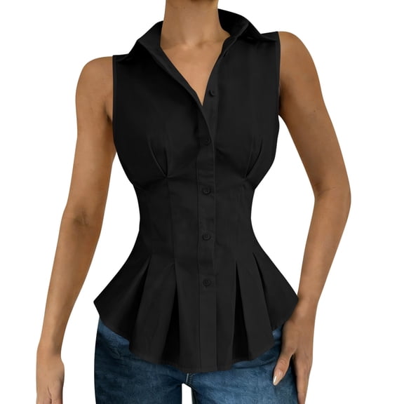 KIHOUT Women's Collared Sleeveless Peplum Blouse, Button-Down Corset Style Shirt, Fitted Waist Flared Hem Casual Summer Top for Women