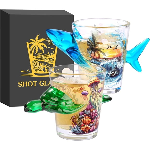 Turtle & Shark Glass Shot Glasses, Unique Ocean Series Shot Glass, 50ml Shot Cups Set of 2 with Gift Box for Alcohol Shots, Vodka, Expresso, Tequila & Dessertsor, Party Christmas Gift, Grreen & Blue