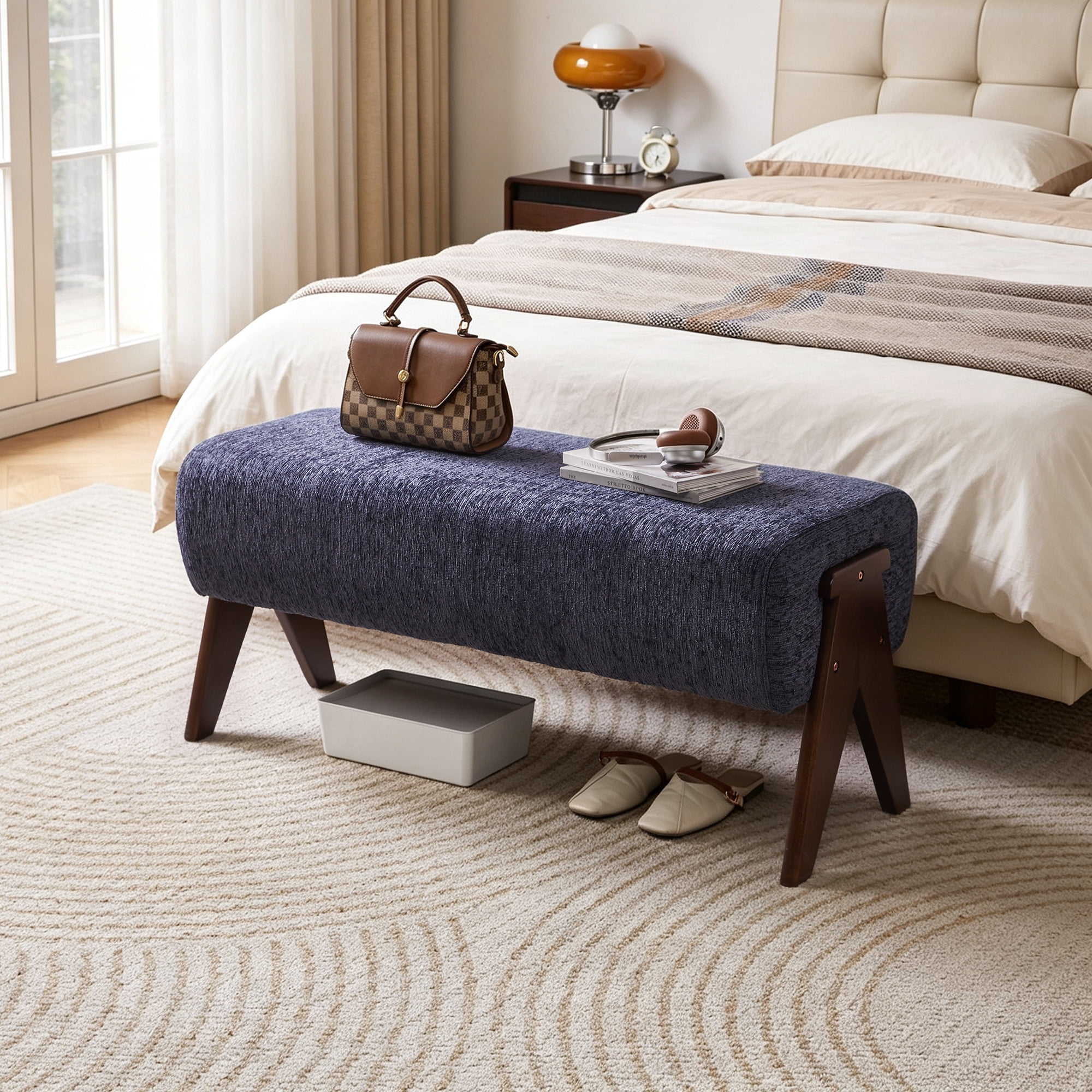 Leumius Chenille Bench,Modern Upholstered with Ergonomic Padded and Solid Wood Legs,Ottoman Bench for Foyer Bedroom Living Space,Entry,Blue