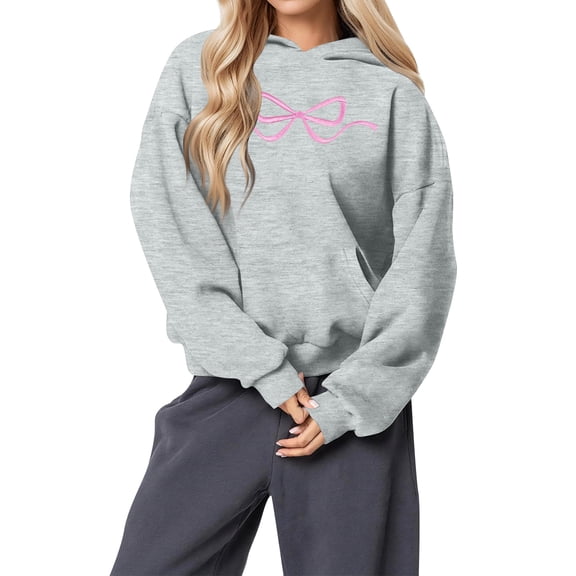 Women's Fashion Lightweight Long Sleeve Pullover with Pockets Preppy Graphic Hoodie with Bow Print for Comfortable Fit,Gray,2XL