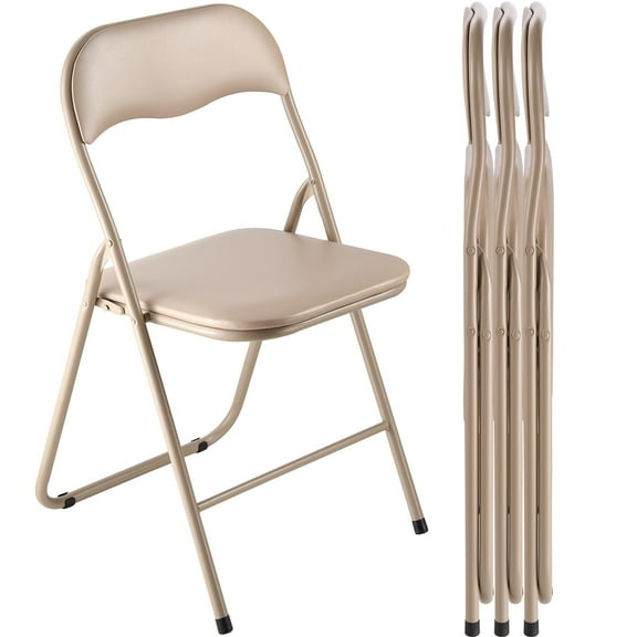 KFFKFF 4 Pack Folding Chairs, Foldable Leather Seats with Sturdy Metal Frame & Cushioned Padding, Portable Chairs for Card Tables, Stackable Design for Home, Outdoor, Gatherings, Events, Khaki