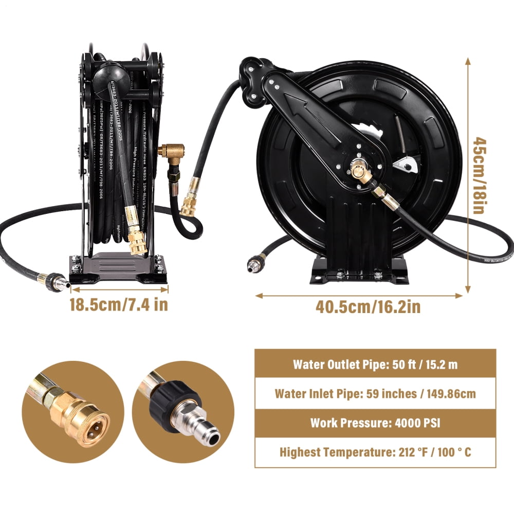 Pressure Washer Hose Reels Steel Heavy Duty Garden Hose Reel 4000 PSI with Auto Rewind Double Arm for Cleaning Automobiles Lawn Care justifiable