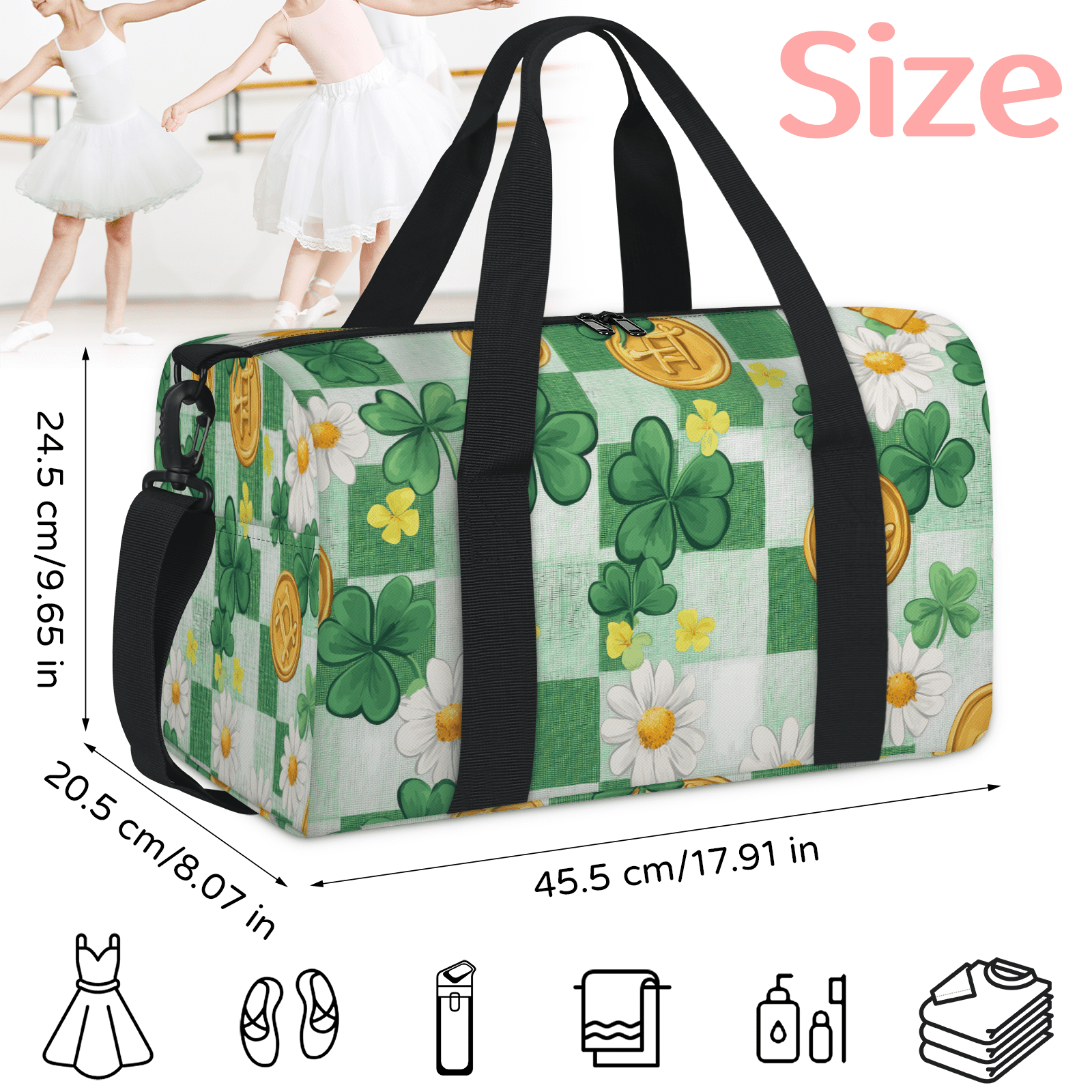 Herdesigns St. Patrick's Day Shamrock Gym Bag for Women, Duffle Bag for Travel Sport, Lightweight Waterproof Carry on Weekender Overnight Dance Yoga Workout Bags