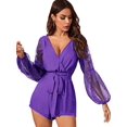 thumbnail image 1 of Mono de manga larga con cuello en V para mujer, con ribete de encaje y cinturón Morado Chica Morado Chica Xishao ropa, 1 of 2