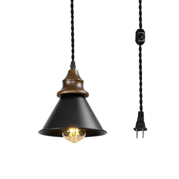 KAYYELAMP 15ft Dimmable Cord Plug-in Pendant E26 Walnut Base Dia 7.08" Black Metal Shade Hanging Light Vintage Decor for Kitchen Farmhouse(No Bulb)