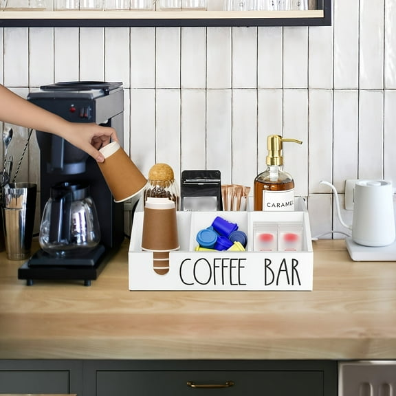 Coffee Bar Organizer for Countertop, Rustic Coffee Station Organizer for Coffee Bar Accessories, Wooden Tea Organizers and Storage for Pods Condiments Syrup Cups Stirrer, Coffee Pod Holder for Coffee