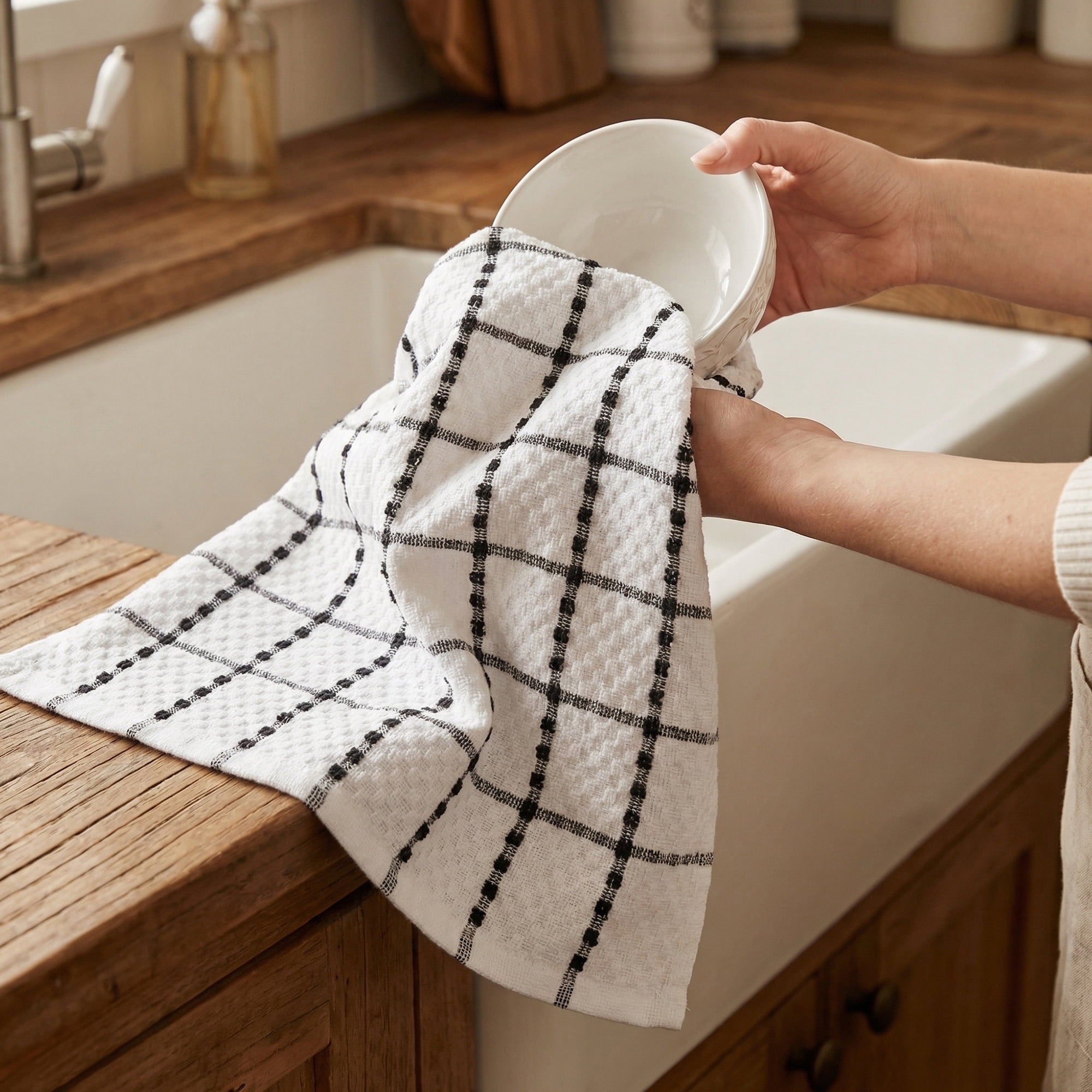 Unique Bargains 2Pcs Classic Plaid 100% Cotton Quick Dry Kitchen Towels Black 25" x 15"