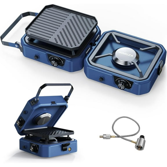 Upgraded 2 Burner Propane Camping Stove with Grill, Foldable Camp Stove with 16,000 BTU, Two Adjustable Burners with Piezo Ignition & Easy Carrying Handle, Portable Stove for Camping, BBQ