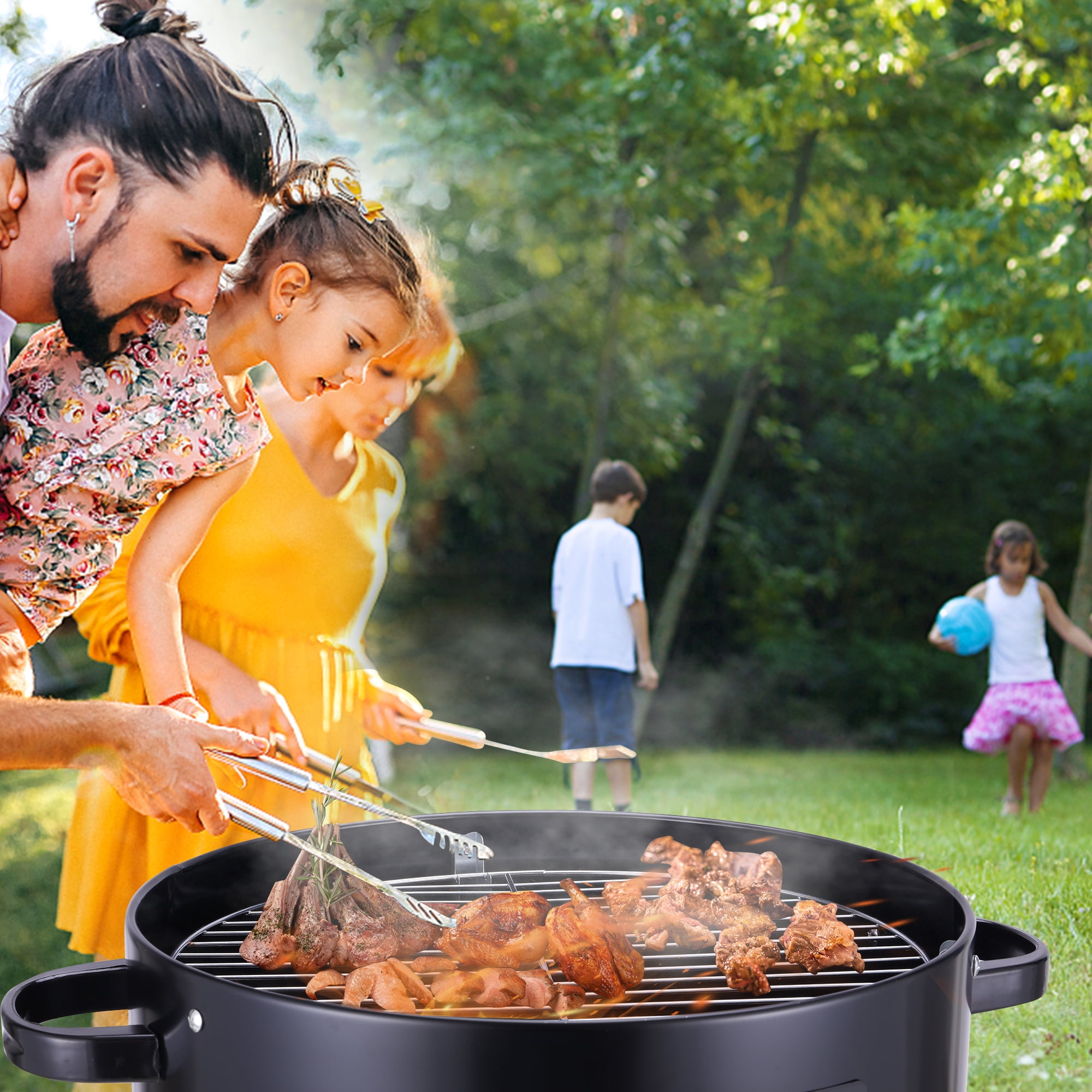 Smoker Side Fire Box Portable Charcoal Grill, Black