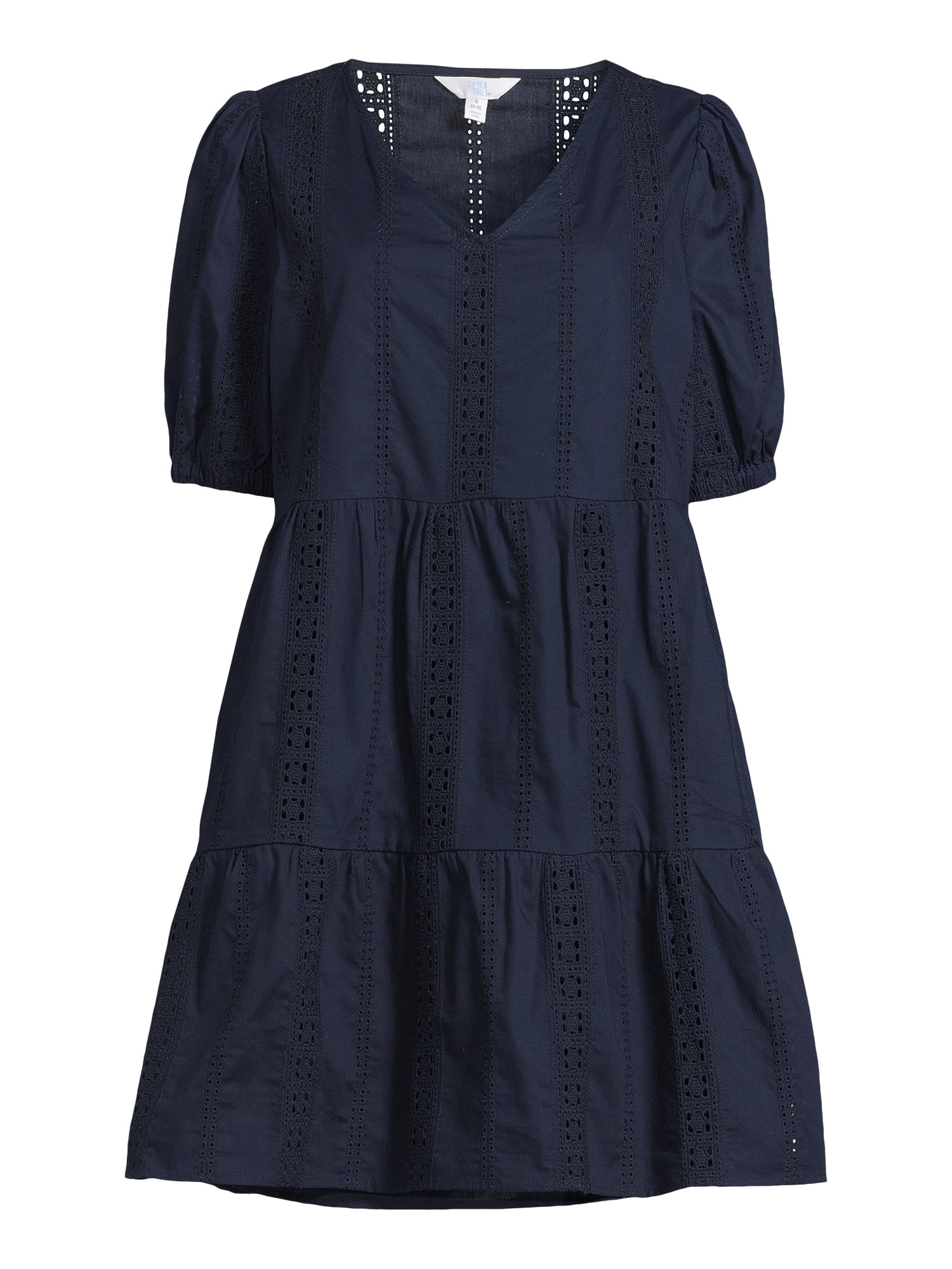 Time and Tru Women's and Women's Plus Eyelet Mini Dress with Puff Sleeves, Sizes XS-4X