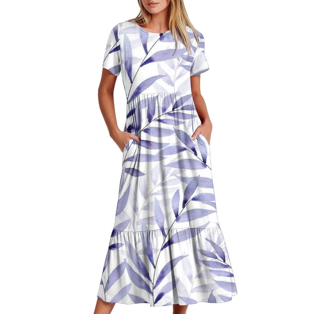 Vestido de Manga Corta para Mujeres Vestido de Verano de Cuello Redondo Impreso, Poliéster de Tamaño Verdadero Diario Y Vestido de Fiesta