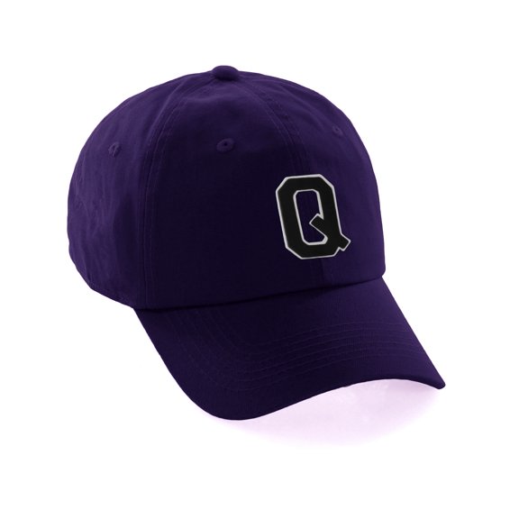 Customized Letter Intial Baseball Hat A to Z Team Colors, Purple Cap White Black Letter Q