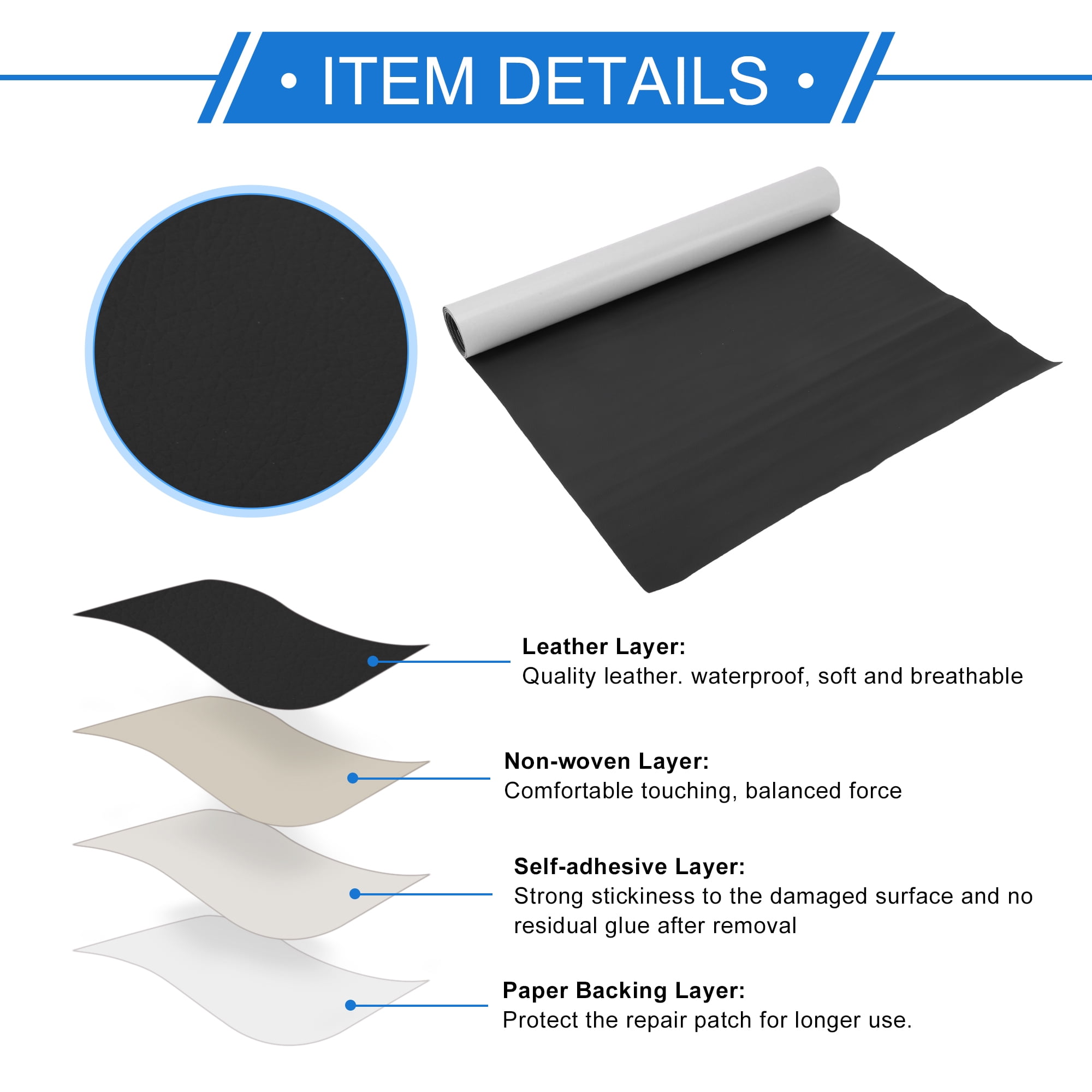 Unique Bargains Self Adhesive Leather Repair Patch Leather Repair Tape for Automotive Car Seat Sofa Couches Chair Interior Trim Black 60" x 17"