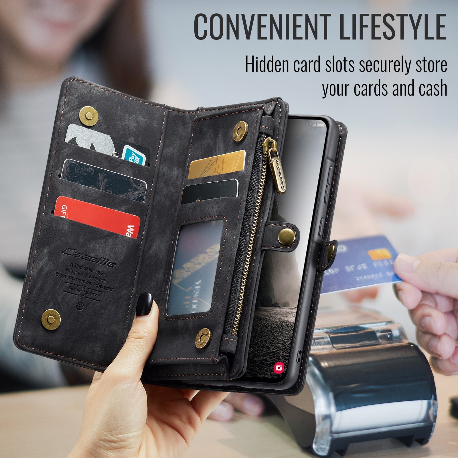 Dteck for Samsung Galaxy Note 10 Plus Wallet Case,Leather Zipper Wallet Case 8 Card Slots Holder Flip Purse Magnetic Handle Strap Shockproof Detachable Phone Cover For Samsung Galaxy Note 10+, Black