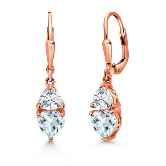 Gem Stone King 18K Rose Gold Plated Silver Sky Blue Aquamarine and White Moissanite Dangle Leverback Earrings for Women (2.40 Cttw, Gemstone March Birthstone, Heart Shape 6MM, Trillion 5MM)