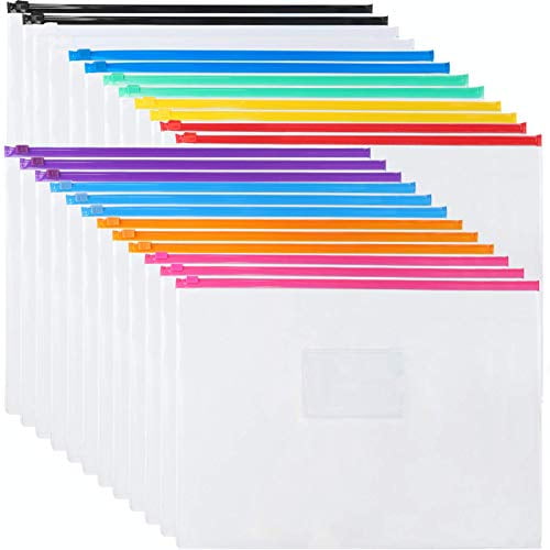 EOOUT 24 Pcs Enveloppes en Plastique Poly Fermeture à Glissière Enveloppes Fichiers Dossiers à Fermeture Éclair, Taille A4/taille Lettre, 10 Couleurs, pour École, Bureau