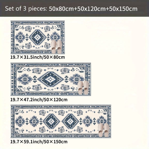 Weetoo Blue & White Retro 3-Piece Kitchen Rug Set, Non-Slip Easy-Clean Vintage Style