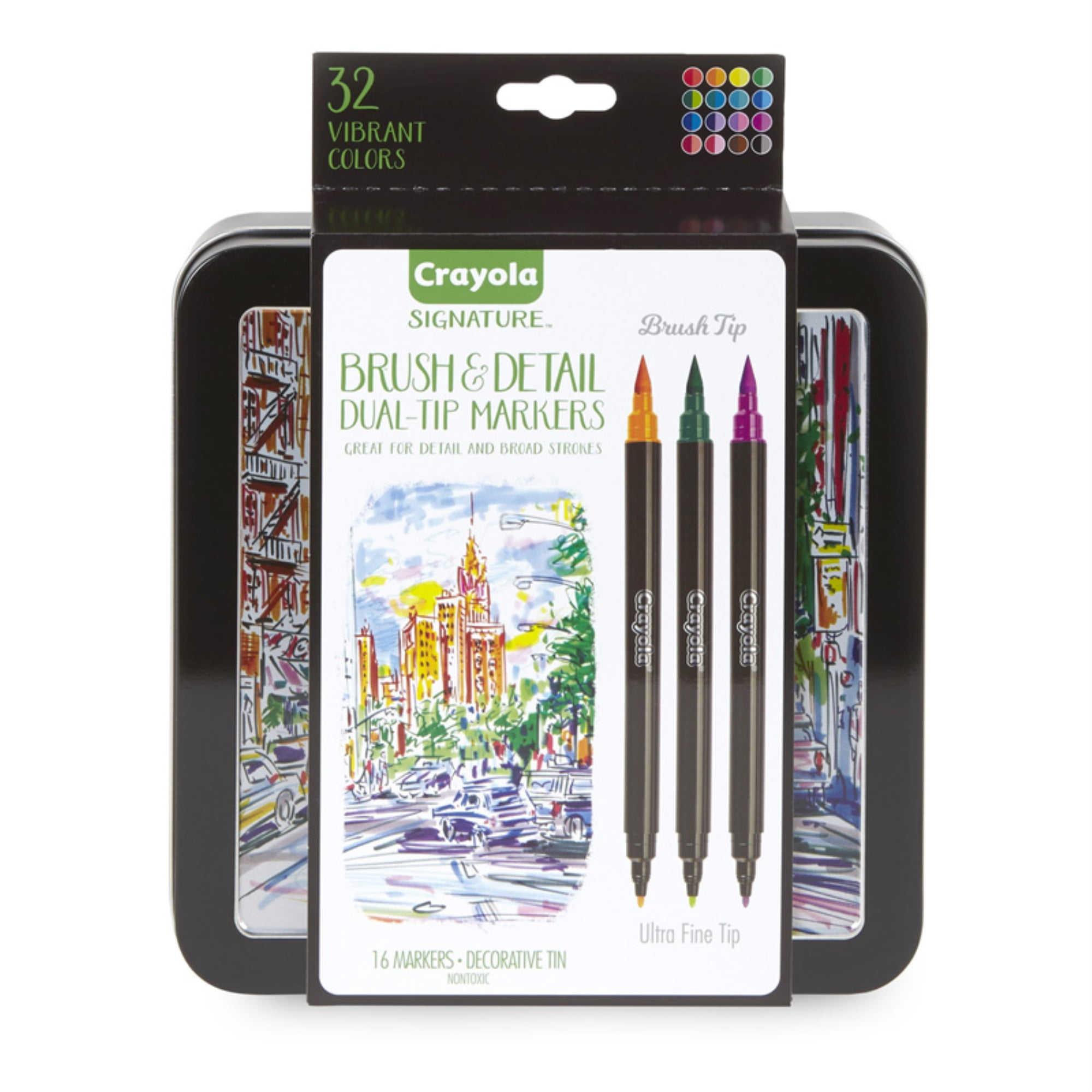 Crayola Signature Brush & Detail Dual-Tip Markers Decorative Tin, Child, 16 Count