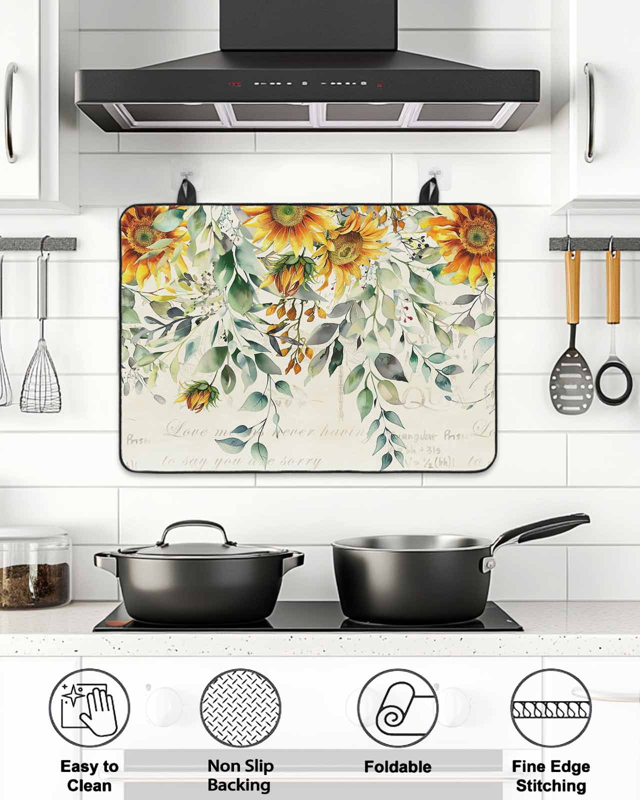 Stove Top Covers for Electric Stove, Sunflowers Glass Stovetop Cover Protector, Spring Floral Eucalyptus Leaves Summer Botanical Induction Cooktop Protector Oven Mat for Kitchen Countertop 24"x21"