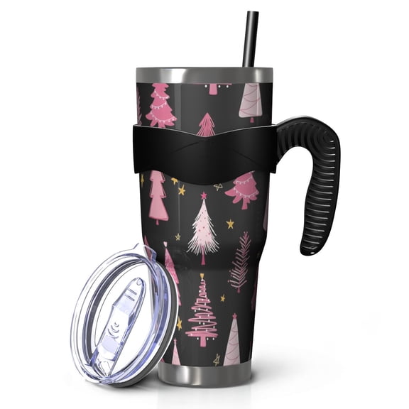 40oz Tumbler,Black and Pink Christmas Tree Pattern Insulated Tumblers with Removable Handle,Stainless Steel Double Vacuum Coffee Tumbler Cup with Straw for Home,Office,Travel,Party