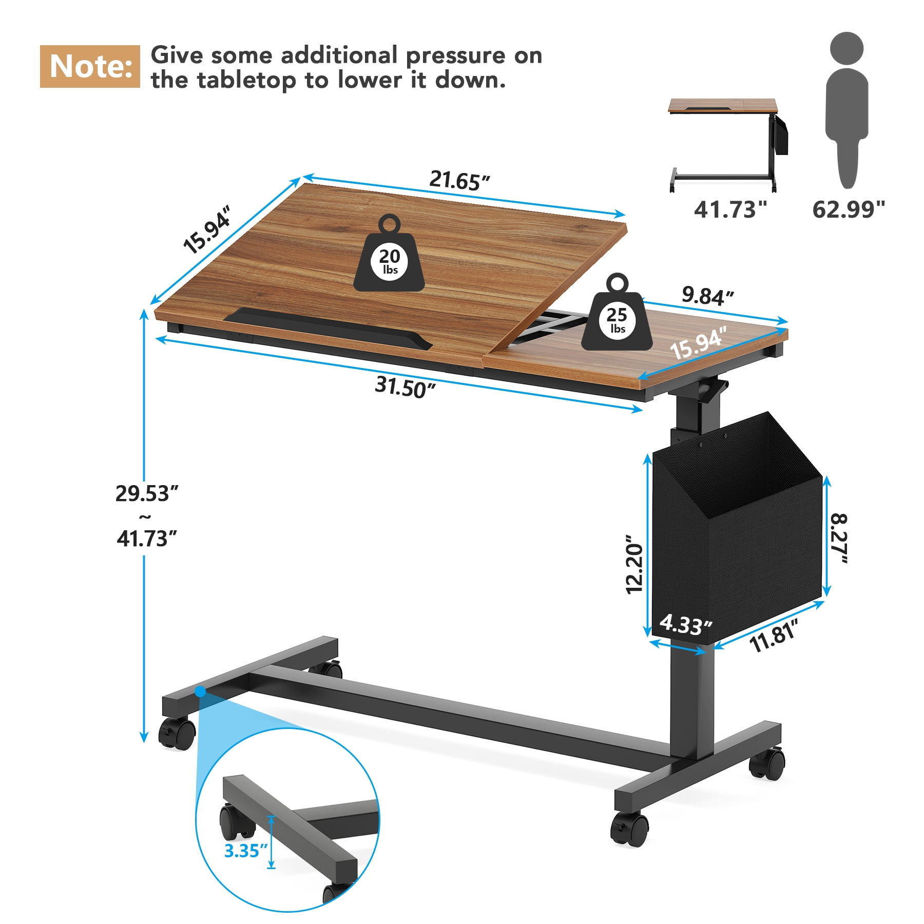 Tribesigns Height Adjustable C Shaped End Table with Wheels and Side Pocket, Mobile Sofa Snack Table with Tiltable Drawing Board, Laptop Side Tray Table for Couch Bed (Walnut Brown)