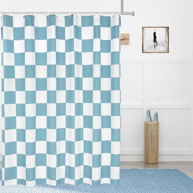Aesthetic Checkerboard Grid Pattern Shower Curtain, White Sky Blue Modern Shower Curtain Sets Decoration 71x71 Inch with plastic hooks
