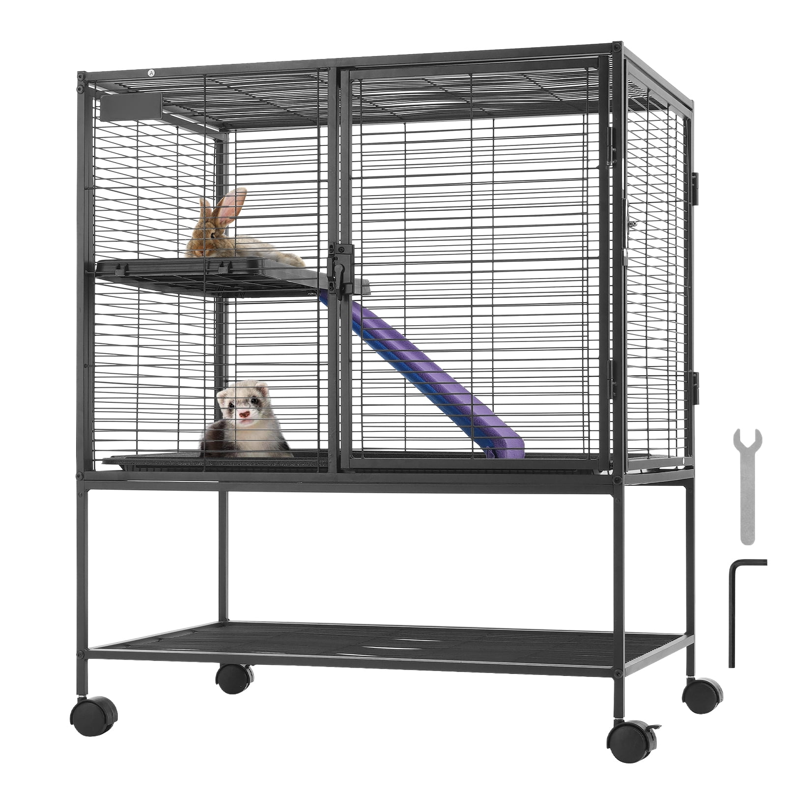 KFFKFF 36" Mobile Ferret Metal Enclosure, Spacious 2-Level Animal Cage with Wheels, Small Animal Critter House Habitat with Ramps & Tray, for Hamsters, Guinea Pigs, Chinchillas, Squirrels, Hedgehogs