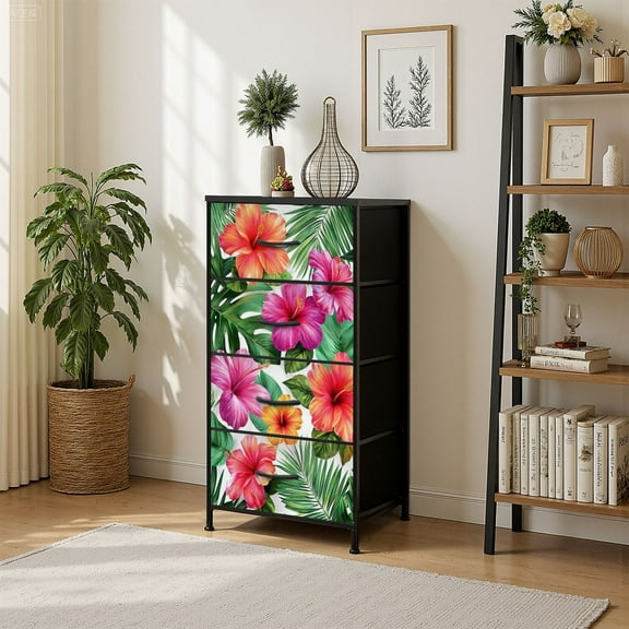 4 Drawer Vertical Storage Dresser Tropical flowers Palm leaves white watercolor botanical with Wood Top Fabric Pull Drawers