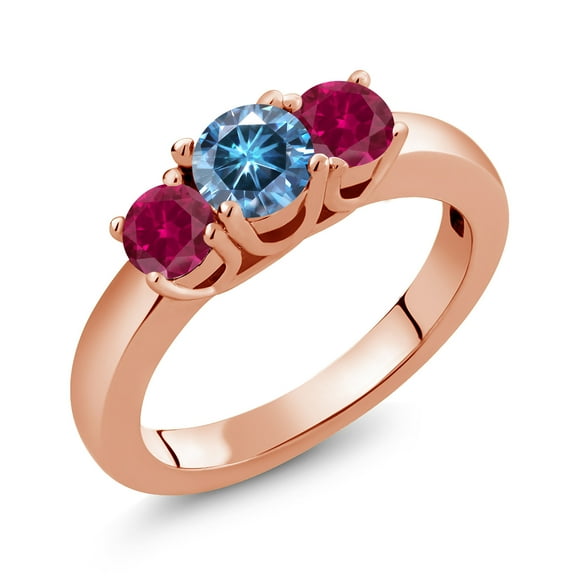 Gem Stone King 18K Rose Gold Plated Silver 3-Stone Ring Round Persian Blue Moissanite and Created Ruby Red (1.00 Cttw, Size 7)