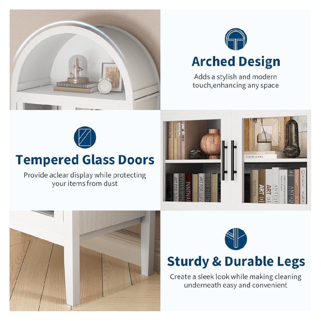 Home 70" Tall Arched Kitchen Pantry Cabinet with LED Lights, Modern Wood Arched Bookshelf with Glass Doors & Adjustable Shelves, Elegant Display Cabinet for Kitchen, Dining Room, Living Room