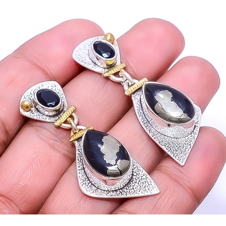 Healer'S Gold Pyrite In Magnetite - Usa 925 Sterling Silver Earring 1.75" E28, Gemstone Silver Jewelry, New Year Sale, Valentin's Day Gift
