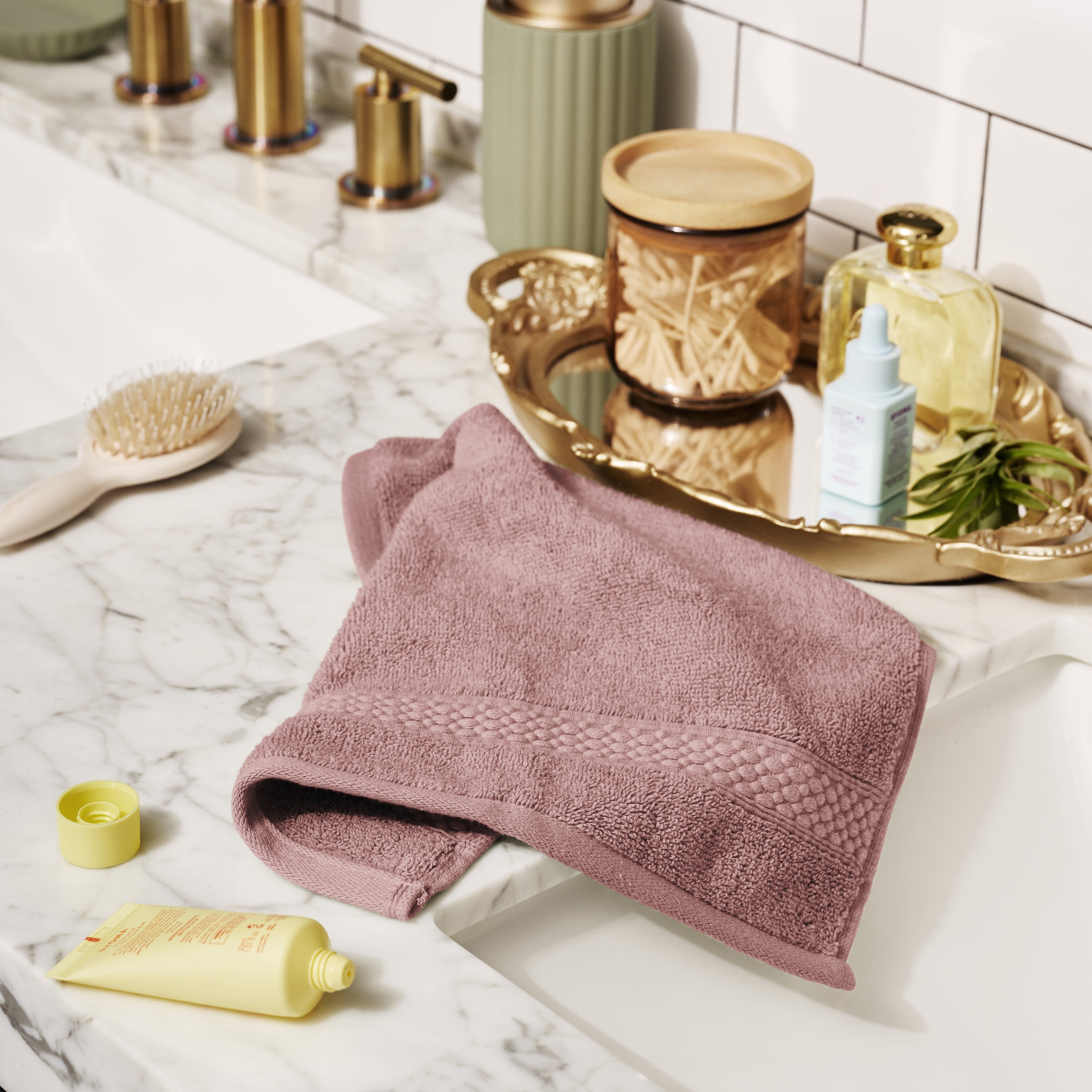 Beautiful by Drew Barrymore Dobby Washcloth, Soft 100% Cotton, Rose Pink