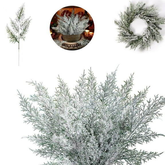 Artificial Green Cedar Sprigs,20pcs Xmas Faux Greenery Pines Sprigs,QZS White Fake Foliage Pine Needle Picks for DIY Christmas Wreaths,Home
