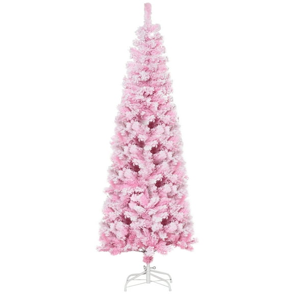 HOMCOM 6ft Tall Unlit Snow Flocked Artificial Christmas Tree Slim Pencil Xmas Tree with Pine Shape and Realistic Branches, Pink